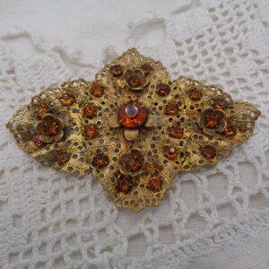 Vintage Gold Topaz CZECH Glass RHINESTONE Filigree BROOCH